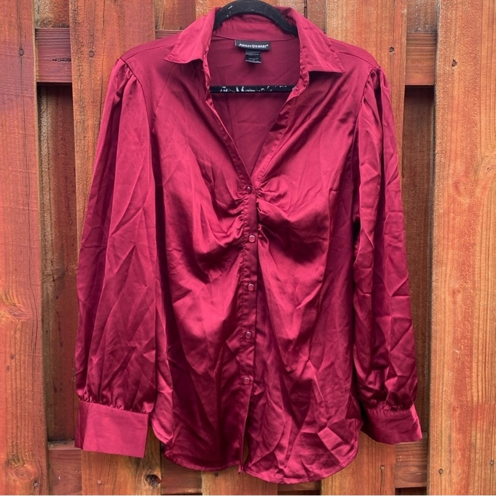 Ashley Stewart Burgundy Satin Ruched Front Button Down Blouse Size 14